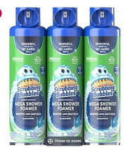 Scrubbing Bubbles Mega Shower Foam cleaner, 3-pack of blue and green aerosol bottles