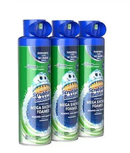 Scrubbing Bubbles Mega Shower Foam cleaner, three blue-capped aerosol bottles in pack