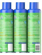 Scrubbing Bubbles Mega Shower Foam cleaner, three back labels on blue-and-green bottles