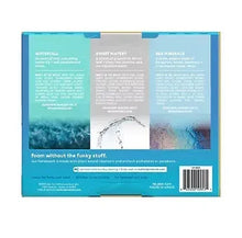 Method foaming hand wash variety pack box back panel, 3 scent descriptions with blue water imagery