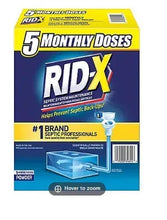 RID-X septic treatment powder box, yellow and blue label, for 5 monthly doses