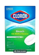 Toilet bowl cleaner tablets box with bleach, blue Clorox 6-pack packaging