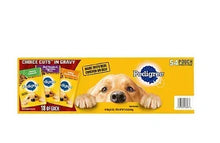 Pedigree wet dog food pouch box, 54 ct, with dog face and yellow packaging