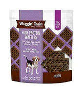 Waggin' Train high-protein dog treat pouch with waffles, banana flavor, front