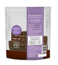 Waggin' Train high-protein waffles dog treat pouch, back label with feeding info