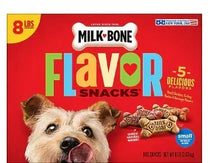 Red front package of small dog biscuits with bone treats and dog illustration