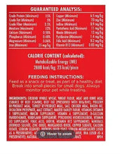 Back of small dog biscuit package with guaranteed analysis and feeding instructions