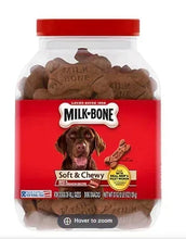 Milk-Bone Soft & Chewy beef dog snack jar, red label, round biscuits inside