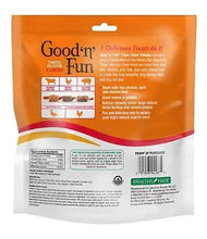 Good 'n' Fun rawhide dog treat package, back panel with feeding info