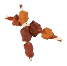 Rawhide dog treat kabob pieces in orange and brown tones