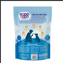 Good Dog Wellness jerky bars bag, ingredient panel and icons on blue back