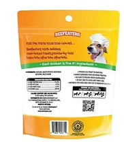 Dog treat pouch back with feeding info, ingredients and barcode on yellow bag