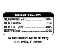 Nutrition facts panel on dog treats: crude protein, fat, fiber, and moisture