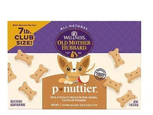 Natural mini oven-baked dog treats package with peanut butter, oats, and carrots