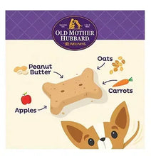 Dog treat ingredient diagram on package: peanut butter, oats, carrots, apples