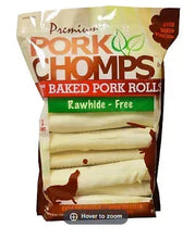 Baked pork roll dog treats in brown package with rawhide-free label