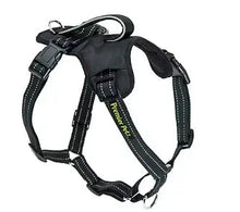 Black no-pull dog harness with front panel and padded chest, adjustable buckles