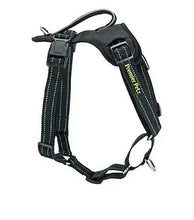 Black no-pull dog harness with adjustable shoulder and chest straps, metal ring