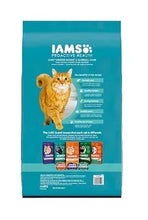 Dry cat food bag by IAMS ProActive Health, teal with adult cat illustration