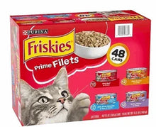Purina Friskies Prime Filets cat food variety pack box, 48 cans