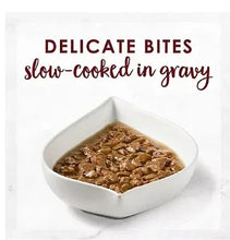 Bowl of delicate bites in gravy, slow-cooked wet cat food