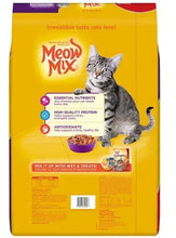 Meow Mix dry cat food bag front, yellow with kitten graphic and feature icons
