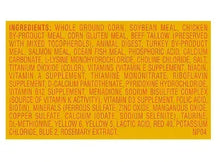 Meow Mix dry cat food bag back panel with ingredients and feeding info