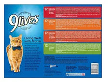 Cat wet food variety pack carton back with feeding directions and ingredient text