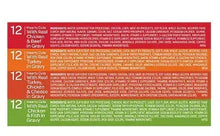 Cat wet food variety pack ingredient panel with mixed flavor info in rows