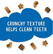 Assorted crunchy Friskies Party Mix cat treats with text: helps clean teeth