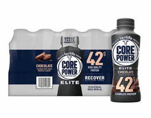 Fairlife Core Power Elite chocolate protein shake bottles and 10-pack carton.