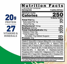 Nutrition Facts label on high-protein nutritional drink carton, 20g protein