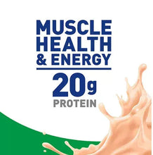 High-protein drink label text: Muscle Health & Energy, 20g protein
