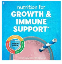 Nutrition shake carton front: growth & immune support with protein and immune system icons