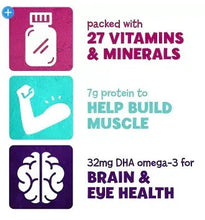 Nutrition shake benefits panel: 27 vitamins & minerals, 7g protein, DHA omega-3