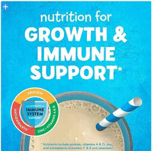 Kids nutrition shake label with growth & immune support graphic and nutrient info