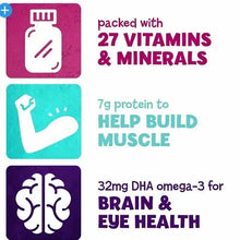 Kids nutrition shake label panel with 27 vitamins, 7g protein, DHA omega-3