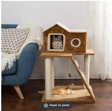 PETMAKER 3-Tier Cat Tree with Ladder and Condo - Tan/Brown