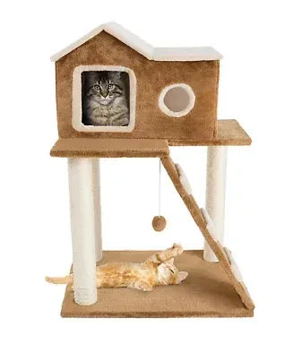PETMAKER 3-Tier Cat Tree with Ladder and Condo - Tan/Brown