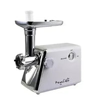 Stainless and gray automatic meat grinder with feed tray and side control dial