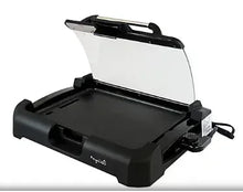Reversible indoor grill and griddle with open lid and dark cooking plates