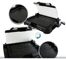 Reversible indoor grill and griddle with reversible ridged plates and open glass lid