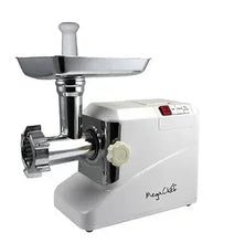 MegaChef electric meat grinder with stainless hopper, feed chute, and front control knob.
