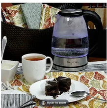 MegaChef electric tea kettle with clear glass body and black handle, 1.7L base