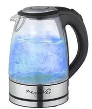 MegaChef electric tea kettle, clear glass with blue glow and black lid and spout