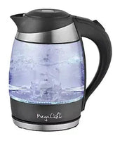 Glass electric tea kettle with black lid and handle, stainless rim, blue-lit water.