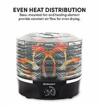 Elite Gourmet 5-tier digital dehydrator with clear stacked trays and dial control