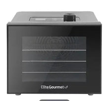 Black digital 4-tier food dehydrator with clear door and control knob on top