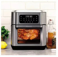 Multifunctional air fryer with viewing window, black pepper and stainless steel, roasted chicken inside