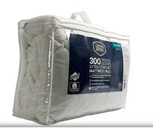 Waterproof queen mattress pad, 300 thread count, in clear plastic bag with blue tag
